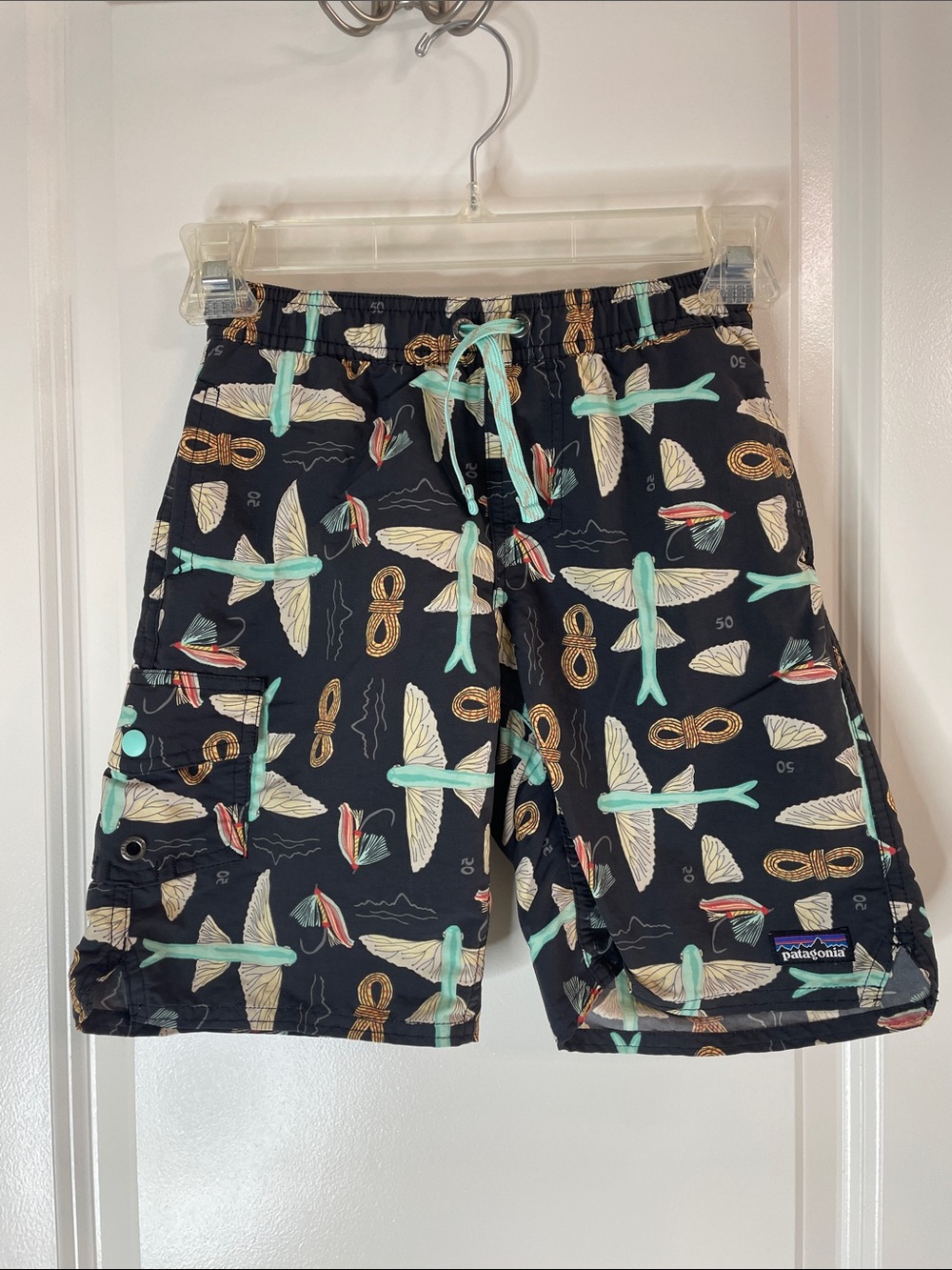 Patagonia Black Swim Shorts with Mint & Tan Fly Print